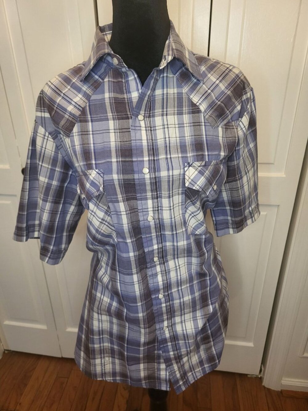 Plains Western Wear Blue Plaid Western Snap Shirt M Country Cowboy Rodeo Ranch